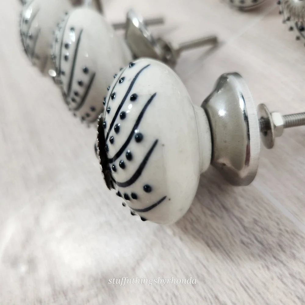 Hobby Lobby Ceramic‎ Drawer/ Cabinet Knobs Ivory, Black & Silver Ornate Dotted